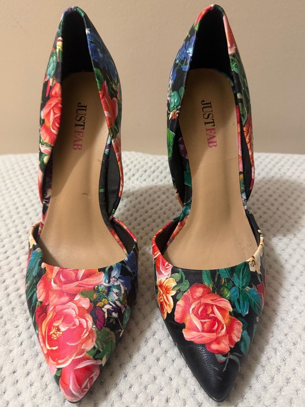 JustFab Black Floral Pointed-Toe D'Orsay Heels